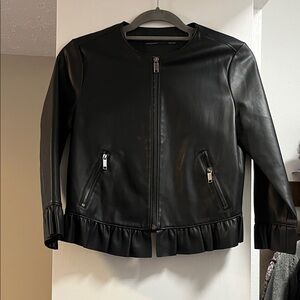 Zara Black Leather Jacket with Ruffle Detail